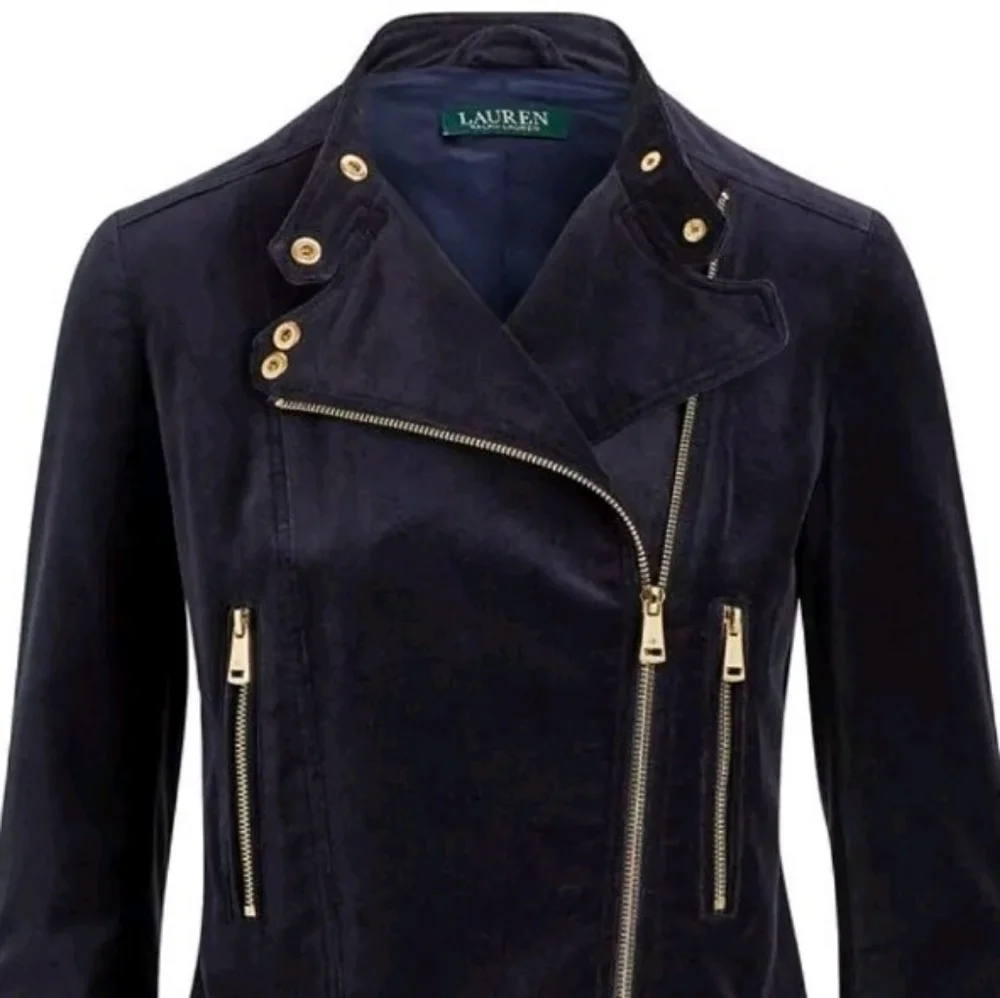 Lauren Ralph Lauren Black Velvet & Gold Sl8m Fit  Moto Jacket 16W NWOT 295$